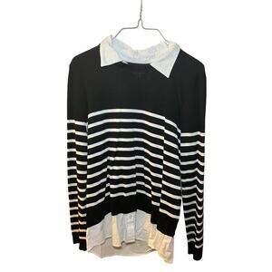 Cable & Gauge Blouse Top Women Large Black White Striped Rayon Ruffle Hem Collar